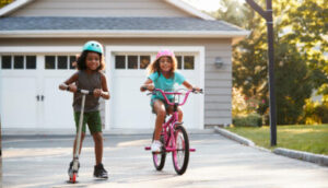 two children riding a bike and scooter in front of a home's garage door